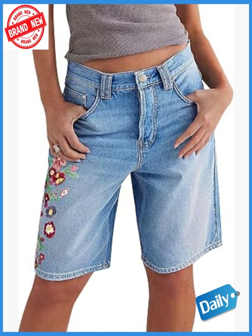 Mid Rise Denim Bermuda Shorts for Women Loose Fit Casual Summer Jean Shorts